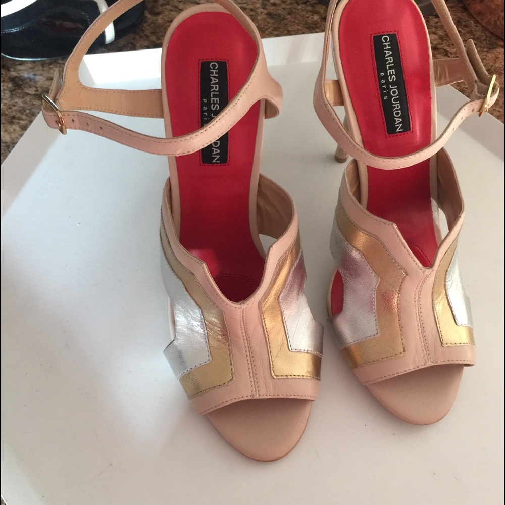 CHARLES JOURDAN LAURALIN LEATHER ANKLE STRAP HEELS SILVER GOLD BLUSH 8.5 NWOT